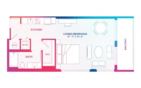 Floor plan for studio, 1 bath, 688 sqft